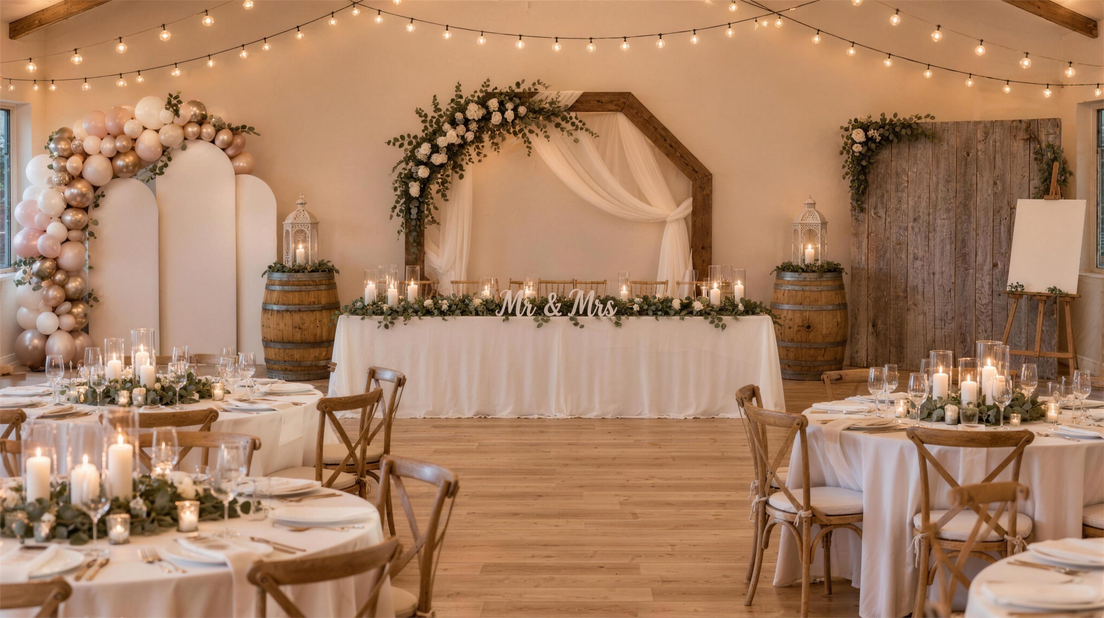 A wedding reception set up and ready: an octagon backdrop draped in ivory chiffon behind a head table, white arched panels with a blush and gold balloon garland, a barnwood backdrop, whiskey barrels topped with lanterns, and bistro lights overhead